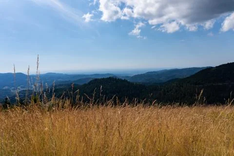 Panoramic view of the mountains under the blue cloudy sky in summer Stock Photos