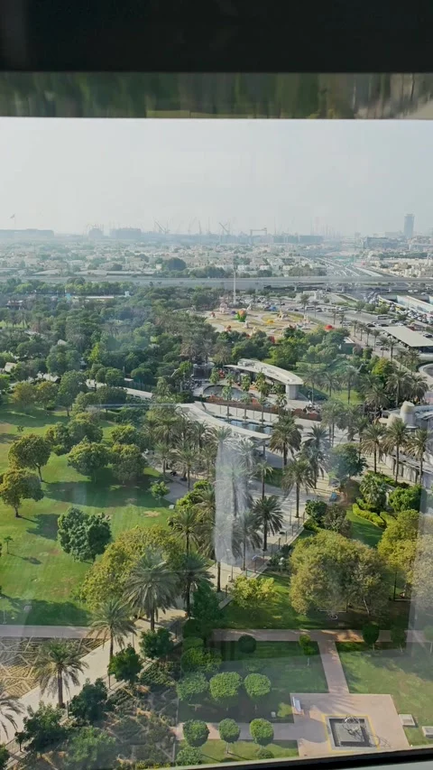 Panoramic view from moving glass elevator in Dubai Frame Stock Footage 321642965
