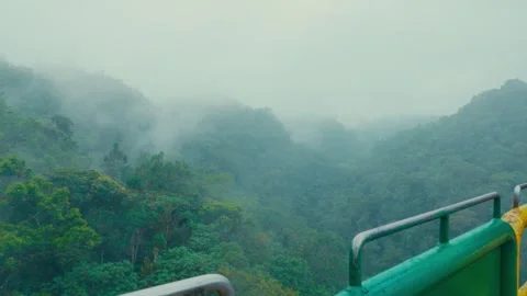 Panoramic view from a moving vehicle through misty rainforest mountains in Stockbeeldmateriaal 345092148