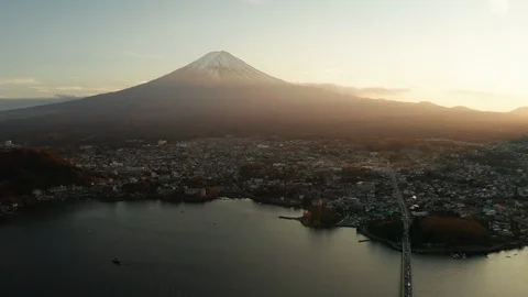 Panoramic view of Mt. Fuji at sunset at lake Kawaguchiko, Japan. Aerial view. Stock Footage 121085766