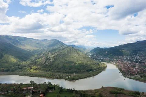 Panoramic view of Mtskheta from Jvari monastery. Georgia. Kura with Aragvi Stock Photos