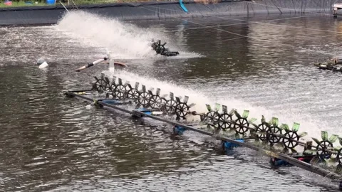 Panoramic view of multiple aerators working across a large pond, subtle waves Stock Footage 324957042