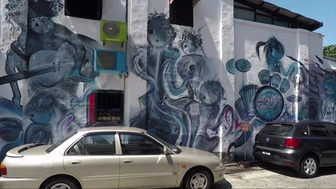 Panoramic View, Mural, Love Lane Street Art,  George Town, Penang, Malaysia Stock Footage 297628670