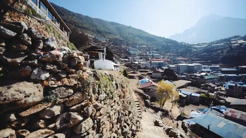 Panoramic view of Namche Bazaar streets with the Himalaya on the background. Stock Footage 72773316
