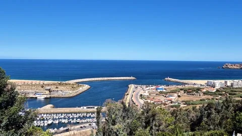 Panoramic View of Nazare Marina and Atlantic Ocean Stock Footage 345432006