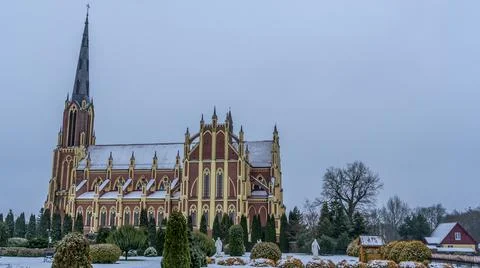 Panoramic view of neo-Gothic cathedral church in the town of Gervyaty in Bela Stock Photos