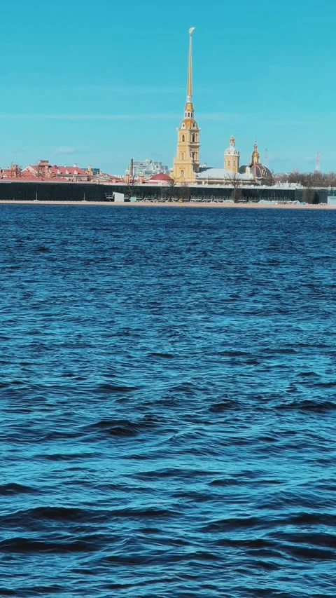 Panoramic view of the Neva River and Peter and Paul Fortress, on Zayachy Island. Stock Footage 274352736
