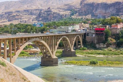 Panoramic view of the new bridge in Hasankeyf Stock Photos