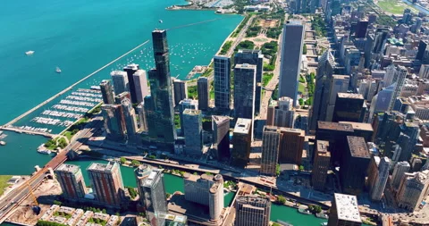 Panoramic view of New Eastside Chicago with Grant Park and Lake Michigan Video stock 276900834