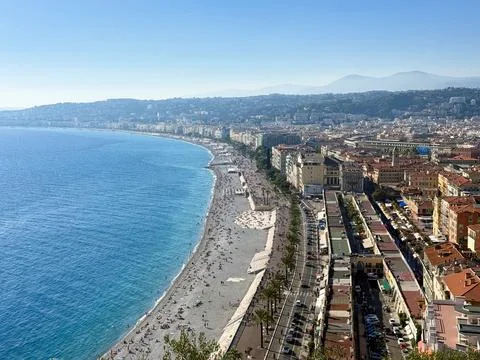 Panoramic view of Nice coastline and Promenade des Anglais Stock Photos