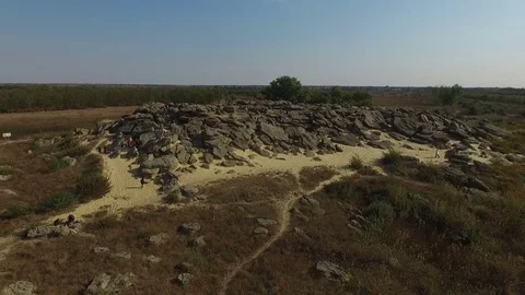 Panoramic view of nice colorful huge cliff. Stone grave in the Zaporozhye region Video stock 72194777