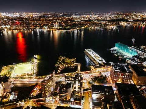 Panoramic view of the night Hudson river, New Jersey, New York City, Manhattan, Stock Photos
