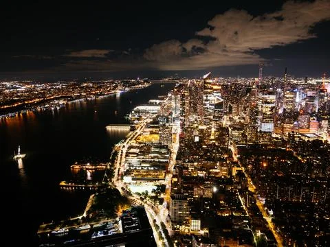 Panoramic view of the night Hudson river, New Jersey, New York City, Manhattan, Stock Photos
