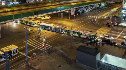 Panoramic view of night traffic on the crossroad, time lapse Stock Footage 158648219