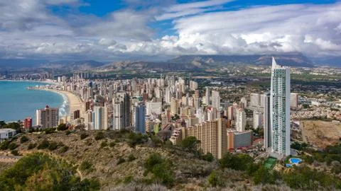 Panoramic view of north Benidorm with high buildings and sea Stock Photos