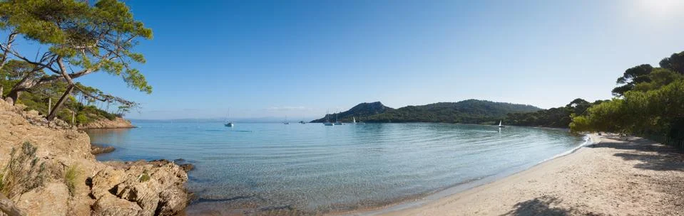 Panoramic view of notre dame beach in porquerolles island Stock Photos
