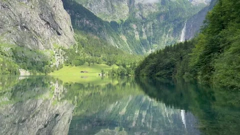 Panoramic view of Obersee Lake and Rothbach waterfall. Bavaria, Germany Stock Footage 337881871