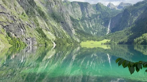 Panoramic view of Obersee Lake and Rothbach waterfall. Bavaria, Germany Stock Footage 337882039