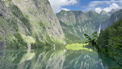 Panoramic view of Obersee Lake and Rothbach waterfall. Bavaria, Germany Stock Footage 337882101