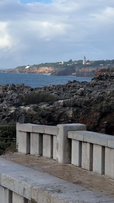 Panoramic view of ocean and shore in Cascais, Portugal. Vertical video Stock Footage 241023778