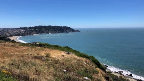 Panoramic view of ocean, Baker beach and Golden Gate bridge Stock Footage 114220182