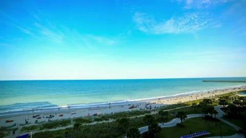 Panoramic View of Ocean Beach with People and Blue Sky Stock Footage 311394749