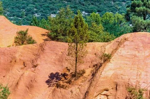 Panoramic view of the ocher lands in the Rustrel nature park Stock Photos