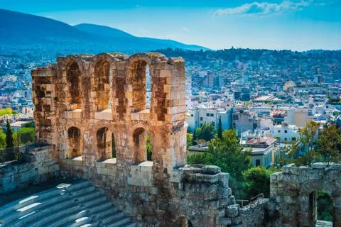 Panoramic view of the Odeon of Herodes Atticus at the Acropolis of Athens, Gr Stock Photos