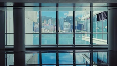 A panoramic view from an office interior in Hong Kong with modern minimalist Stock Footage 338310986