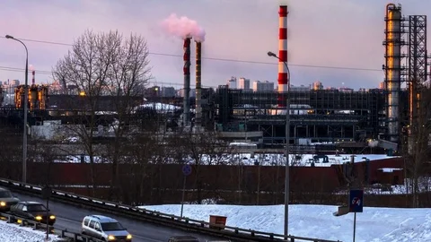 Panoramic view of oil refinary time lapse Stock Footage 72588708