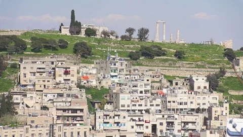 Panoramic view of old buildnigs and the Citadel, Amman, Jordan Stock Footage 109187463