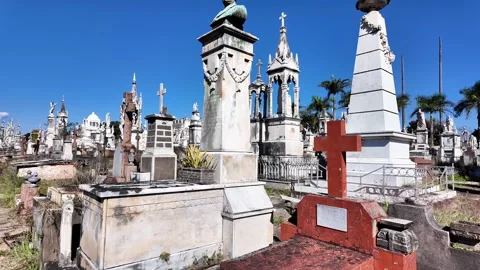 Panoramic View of Old Cemetery with Marble Crypts and Monuments Stock Footage 337965291