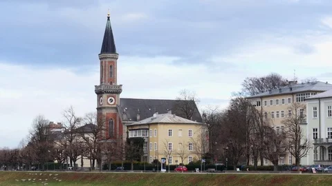 Panoramic view of old city buildings with tall tower. Stock Footage 80957940