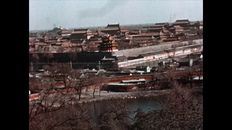 Panoramic view of old city from monastery up on a hill, 1939 China Stock Footage 131528301