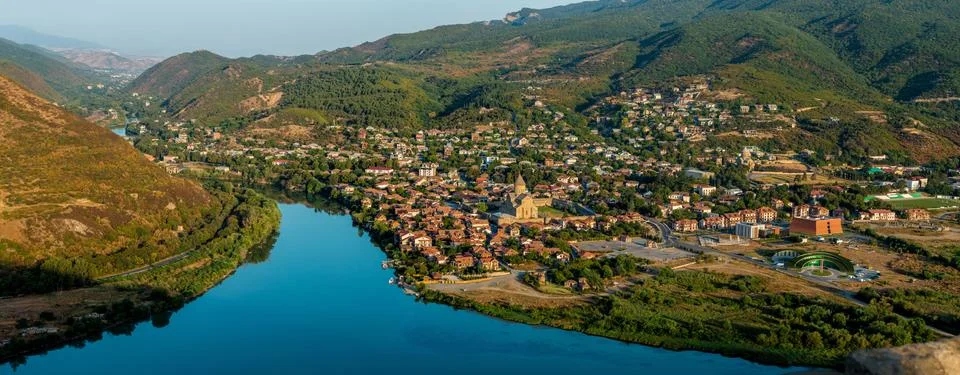 Panoramic view of the old city Mtskheta and Svetitskhoveli Cathedral, Mtskheta 写真素材
