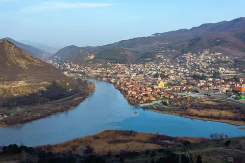 Panoramic view of the old city Mtskheta and Svetitskhoveli Cathedral, Mtskhet Stock-Fotos