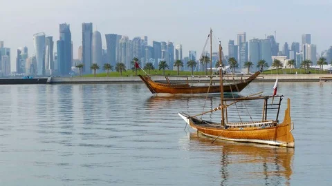 A panoramic view of the old dhow harbour timelapse in Doha, Qatar, Middle East. Stock Footage 100740629