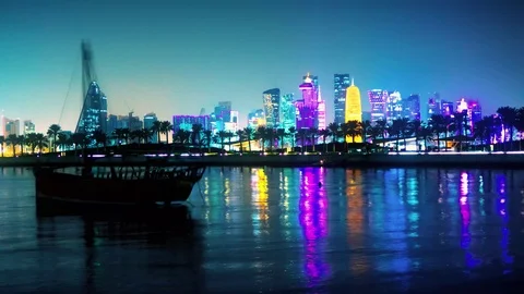 A panoramic view of the old dhow harbour timelapse in Doha Stock Footage 101024241