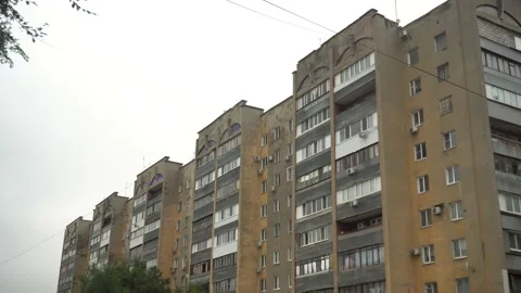 Panoramic view of the old faded building from the times of the USSR. Old soviet Stockbeeldmateriaal 219503381
