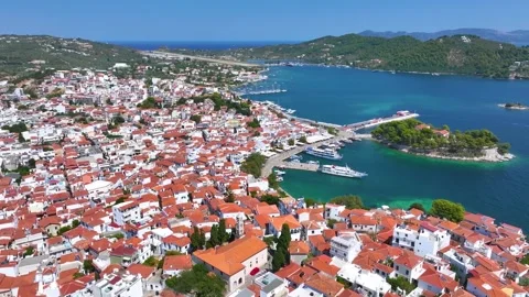 Panoramic view of the old harbor and town of Skiathos island Stock Footage 263236382
