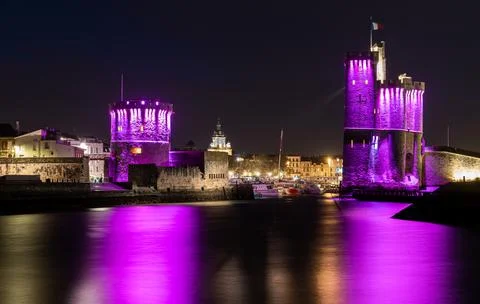 Panoramic view of the old harbor of La Rochelle with its famous towers Stock Photos
