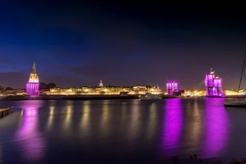 Panoramic view of the old harbor of La Rochelle with its famous towers Stock Photos