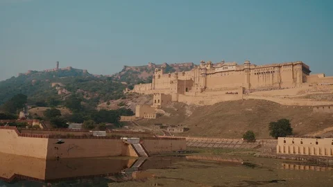 Panoramic view of old Jaipur Amber Fort. Travel around India Stock Footage 126919642