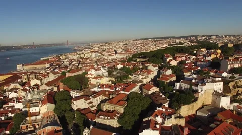 Panoramic view of old Lisbon and Tagus river at morning aerial view Stock Footage 63980822