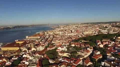 Panoramic view of old Lisbon and Tagus river at morning aerial view Stock Footage 63982748