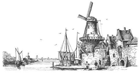 Panoramic view of the old mill and the village near the river. Old windmill Stock Illustration