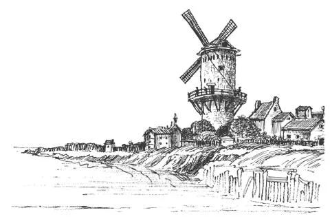 Panoramic view of the old mill and the village near the river. Old windmill Stock Illustration