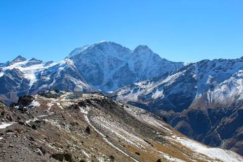 Panoramic view on the old observatory in the highlands of Elbrus region, Russ Stock Photos