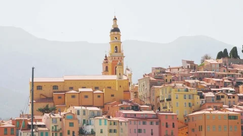 Panoramic view on old part of Menton, Provence-Alpes-Cote d'Azur. tourist Stock Footage 202206779