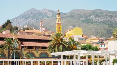 Panoramic view on old part of Menton, Provence-Alpes-Cote d'Azur. tourist Stock Footage 202207535